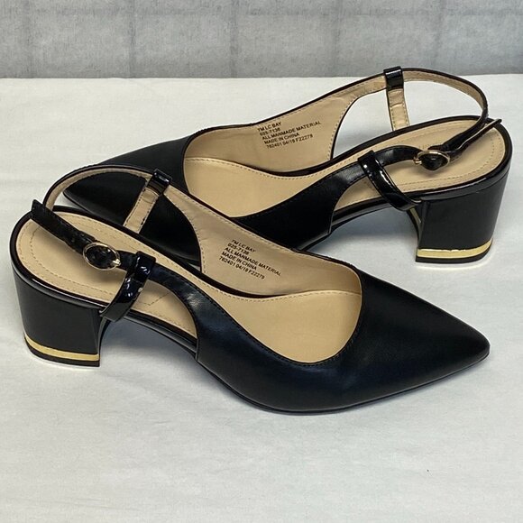 Liz Claiborne Pointed Closed Toe Chunky Low Heel Slingback Pumps LC Bay Black - Picture 9 of 13